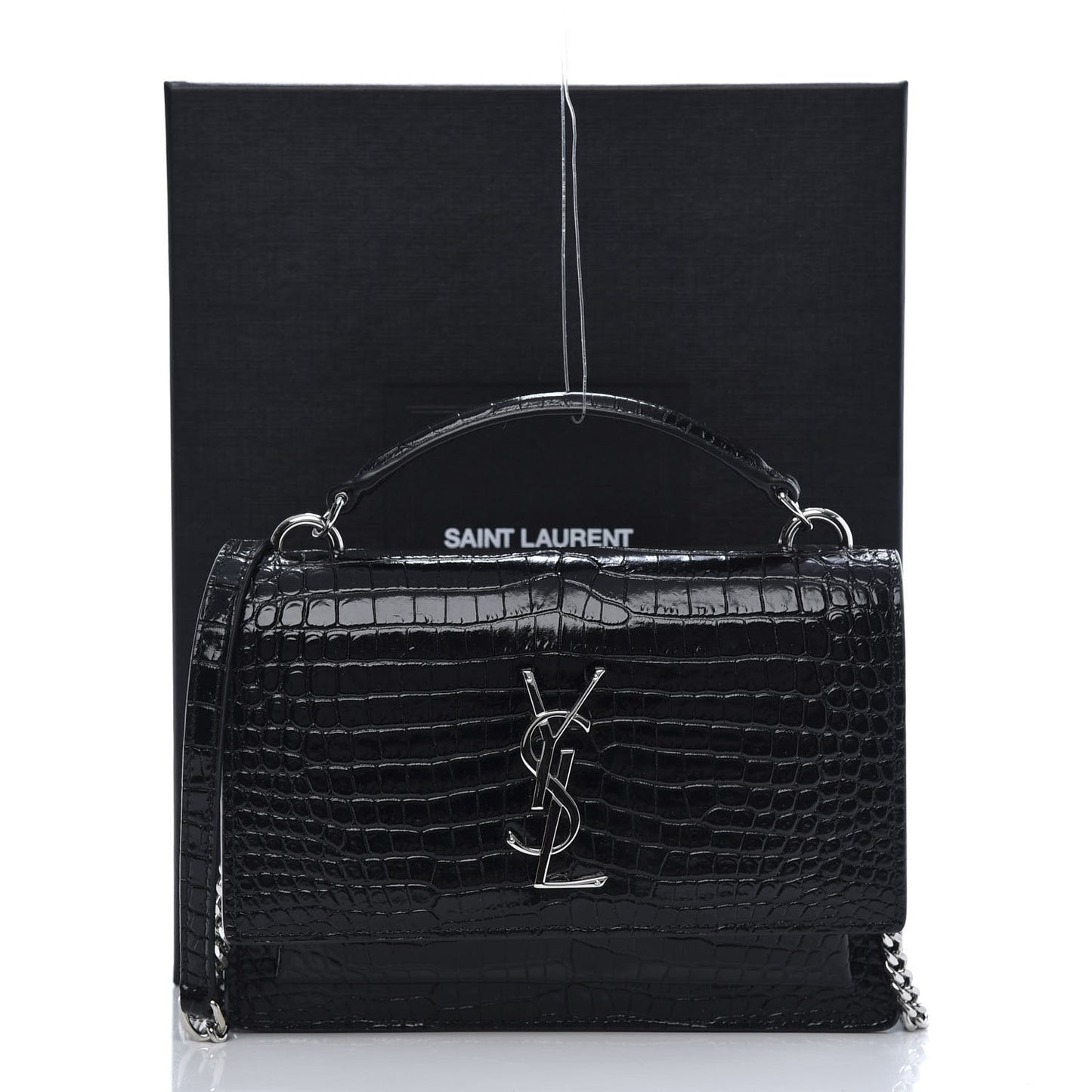 Calfskin Crocodile Embossed Monogram Sunset Top Handle Chain Wallet Black