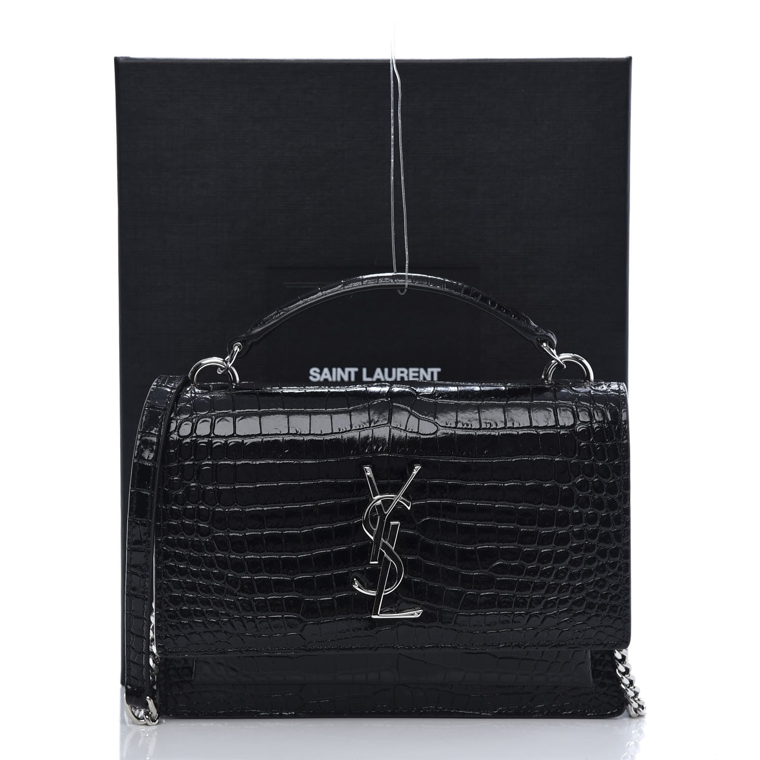 Saint Laurent Calfskin Crocodile Embossed Monogram Sunset Top Handle Chain Wallet Black 12 of 12