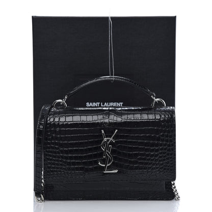 Saint Laurent Calfskin Crocodile Embossed Monogram Sunset Top Handle Chain Wallet Black 12 of 12