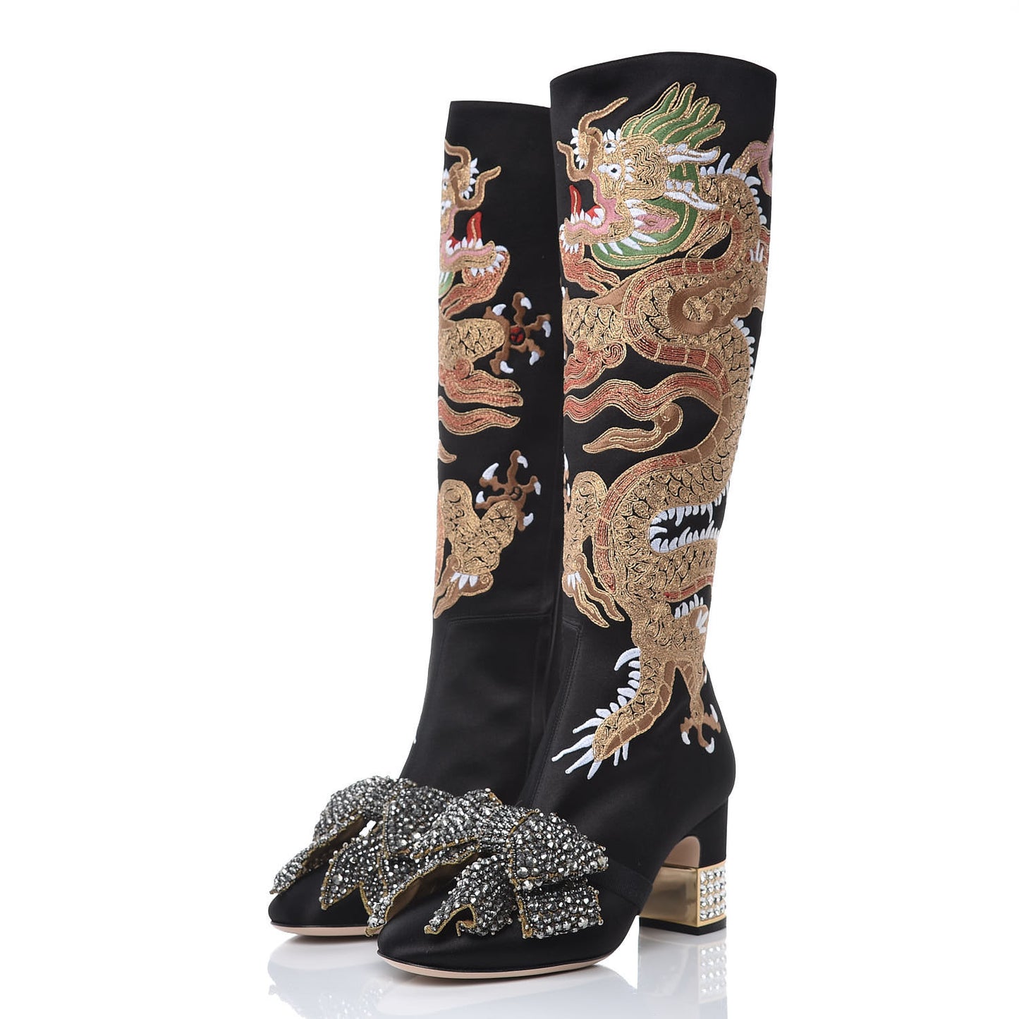 Silk Satin Malaga Kid Embroidered Candy Dragon Block-Heel Knee Boot 37.5 Black