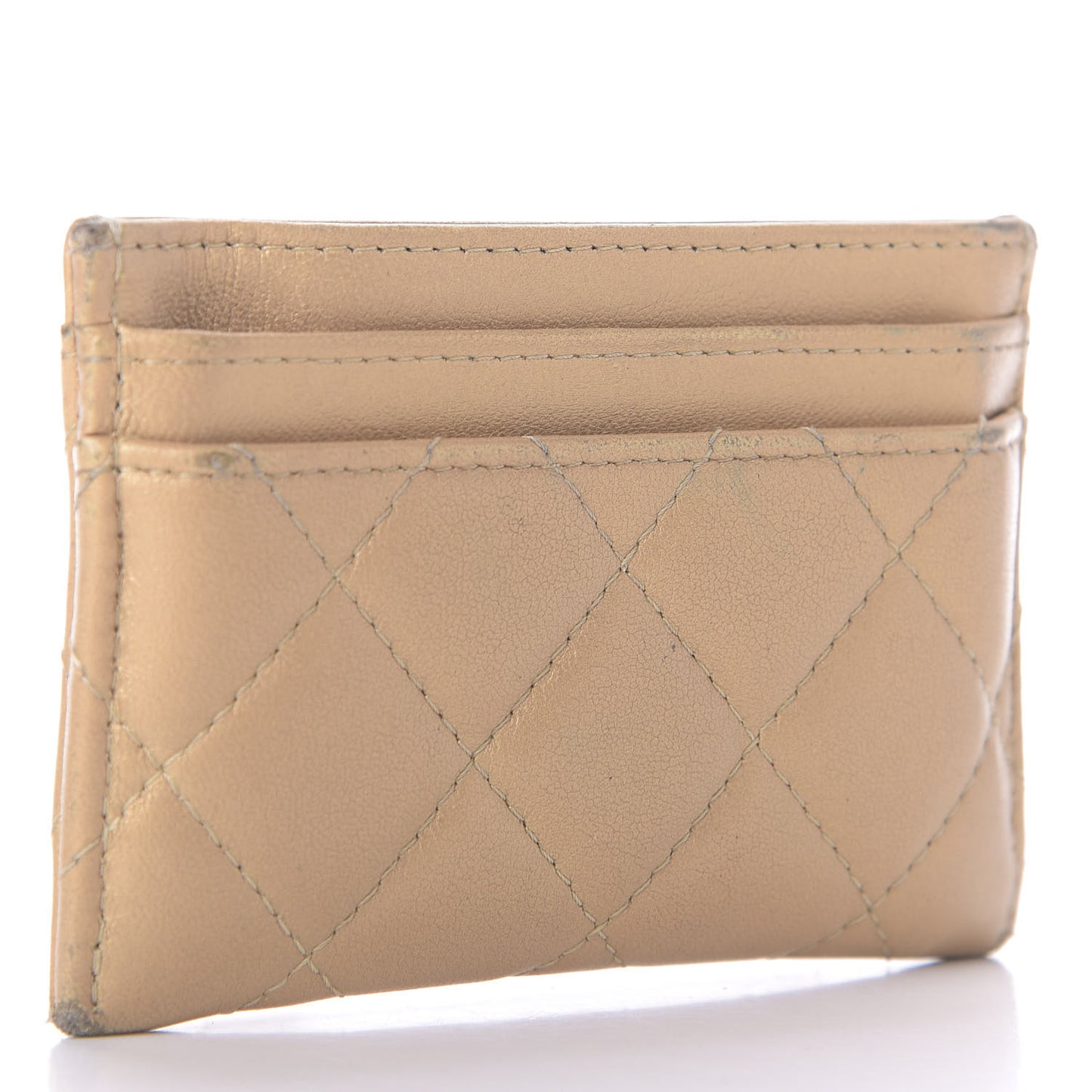 Metallic Lambskin Quilted Card Holder Beige