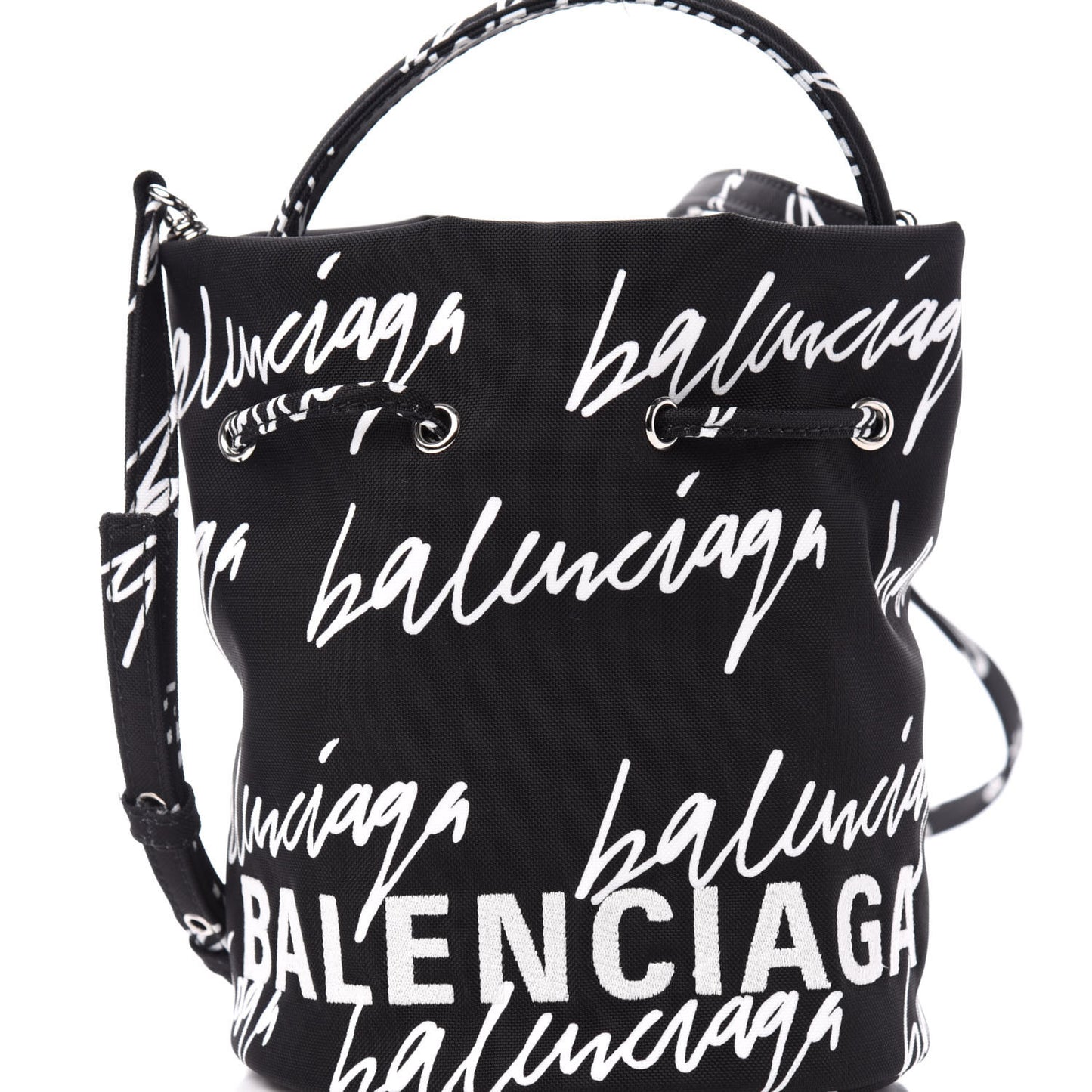 Recycled Sport Nylon Scribble Logo Embroidered Wheel Drawstring Bucket Bag XS Black White
