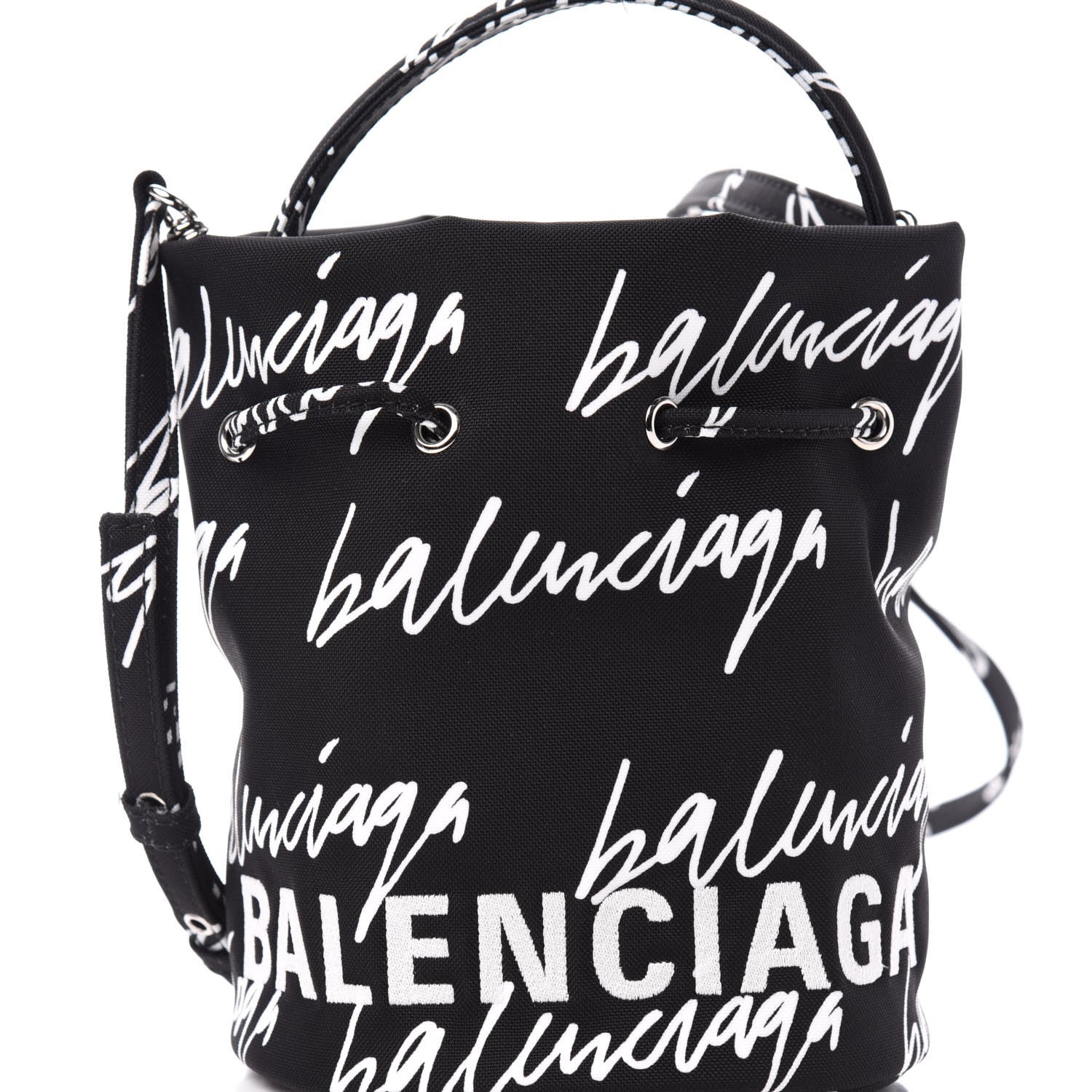 Balenciaga Recycled Sport Nylon Scribble Logo Embroidered Wheel Drawstring Bucket Bag XS Black White 11 of 11