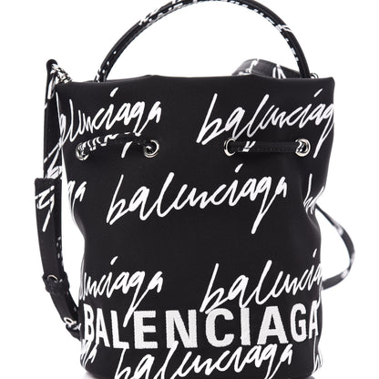 Balenciaga Recycled Sport Nylon Scribble Logo Embroidered Wheel Drawstring Bucket Bag XS Black White 11 of 11