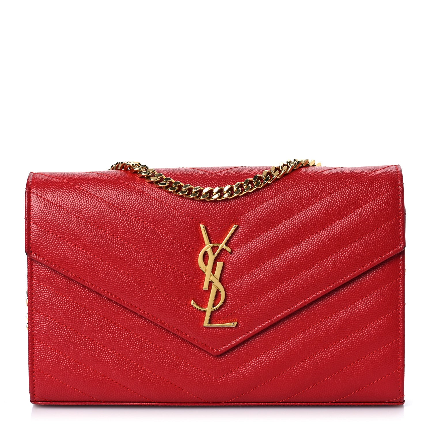 Saint Laurent Grain De Poudre Matelasse Chevron Monogram Chain Wallet Red 1 of 10