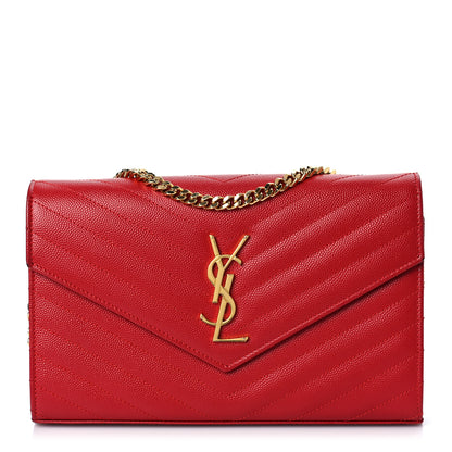 Saint Laurent Grain De Poudre Matelasse Chevron Monogram Chain Wallet Red 1 of 10