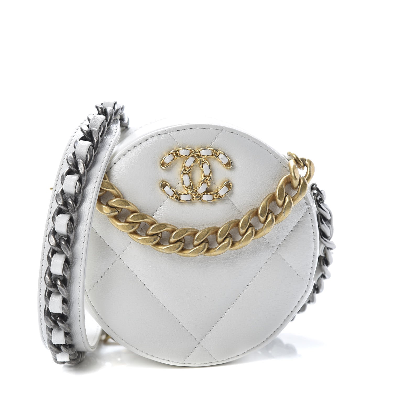 Chanel Shiny Goatskin Quilted Chanel 19 Round Clutch With Chain White 1 of 11