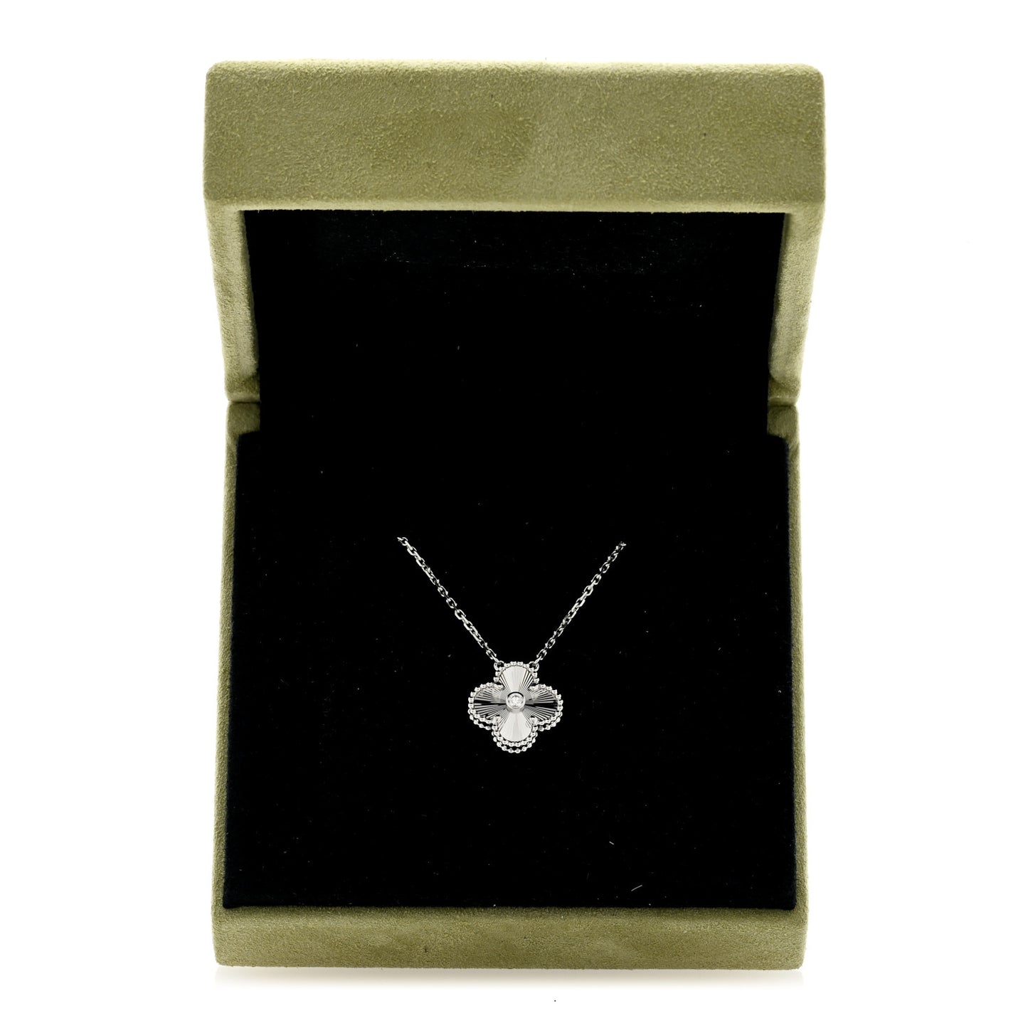 18K White Gold Diamond Guilloche Vintage Alhambra Pendant Necklace