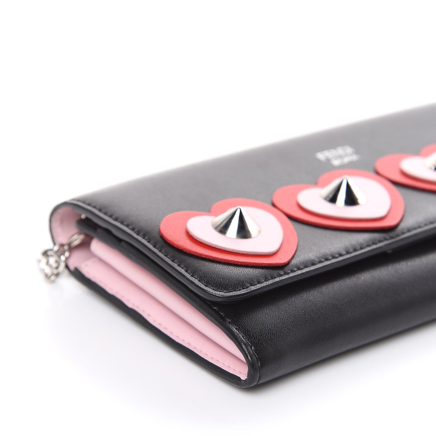 Fendi Calfskin Heart Studded Continental Wallet On Chain Black Red Peonia 8 of 11
