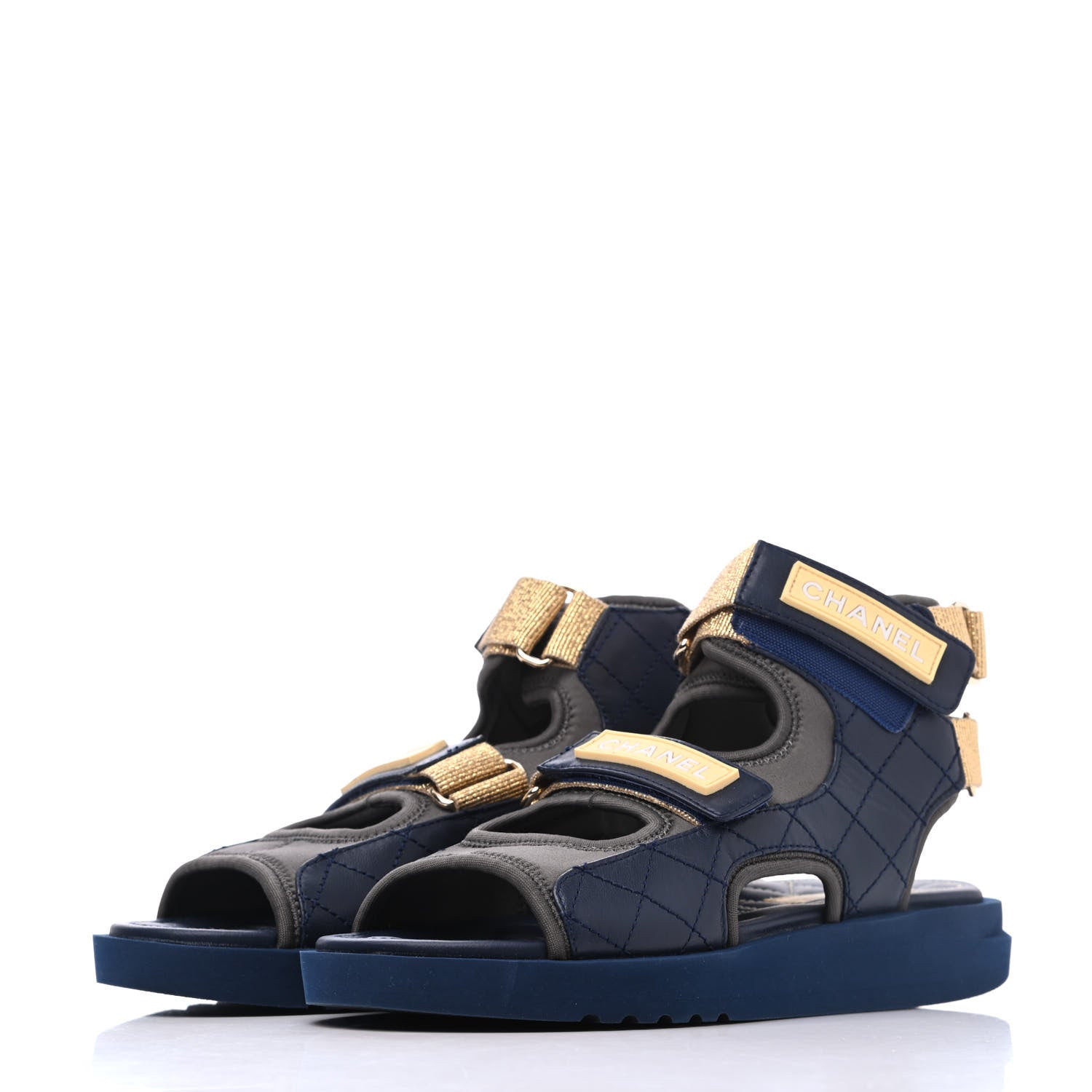 Chanel Goatskin Fabric Gladiator Sandals 36 Navy Blue Light Grey Yellow 3 of 16