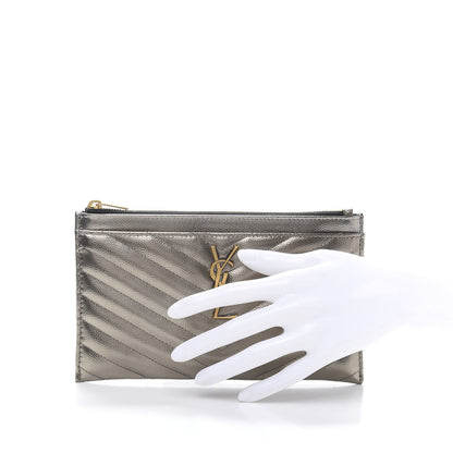 Saint Laurent Metallic Grain De Poudre Matelasse Chevron Monogram Bill Pouch Piombo 2 of 10