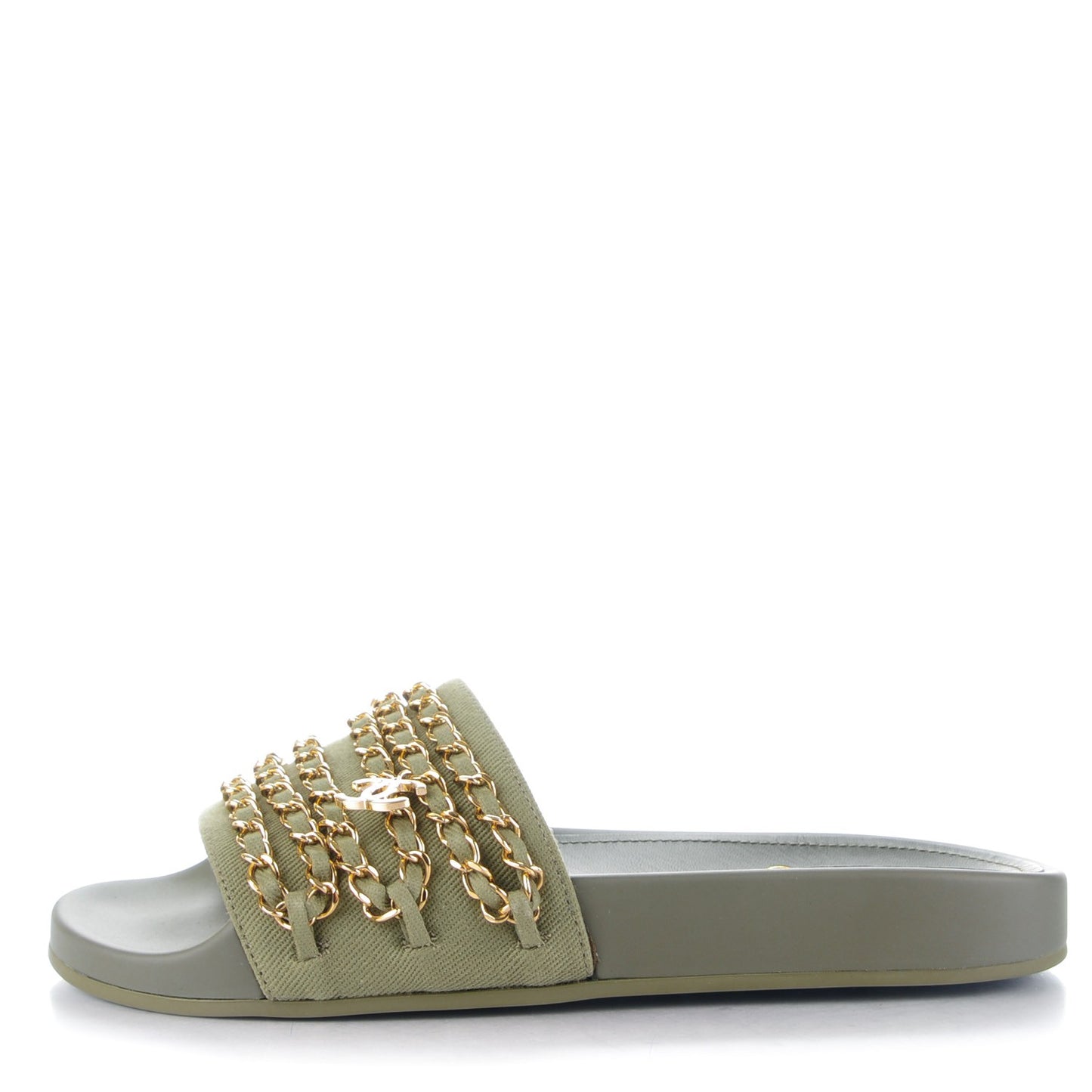 Lambskin Canvas Chain Flat Sandals 37 Green