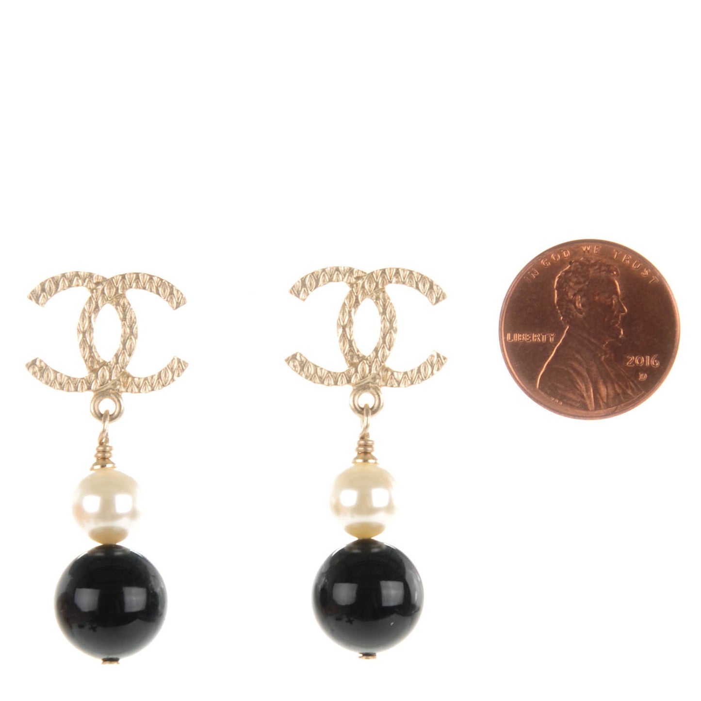 Pearl Bead CC Drop Earrings Black Gold