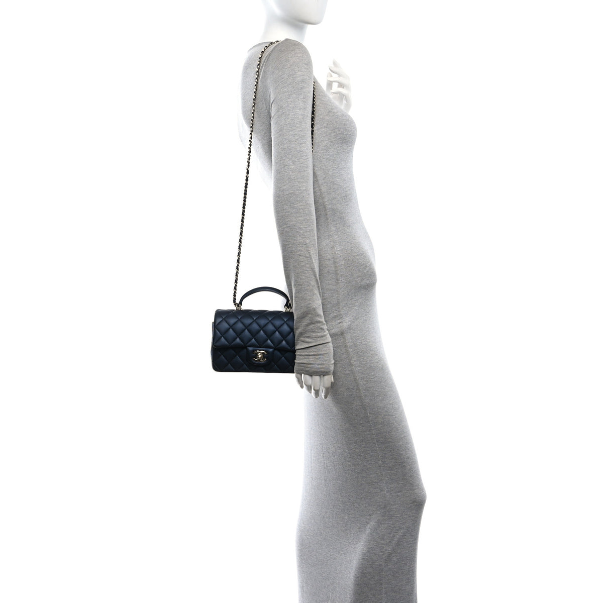 Chanel Iridescent Lambskin Quilted Mini Top Handle Rectangular Flap Dark Blue 2 of 10
