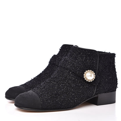 Chanel Tweed Grosgrain Pearl Cap Toe CC Short Boots 36 Black 3 of 10
