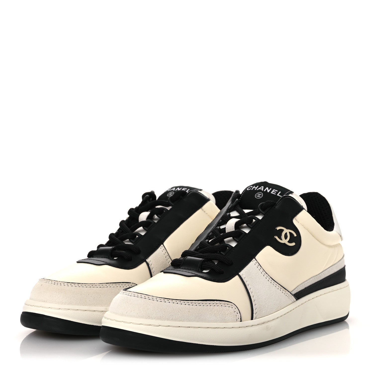 Chanel Lambskin Suede Calfskin Sneakers 40 Ivory White Black 4 of 11