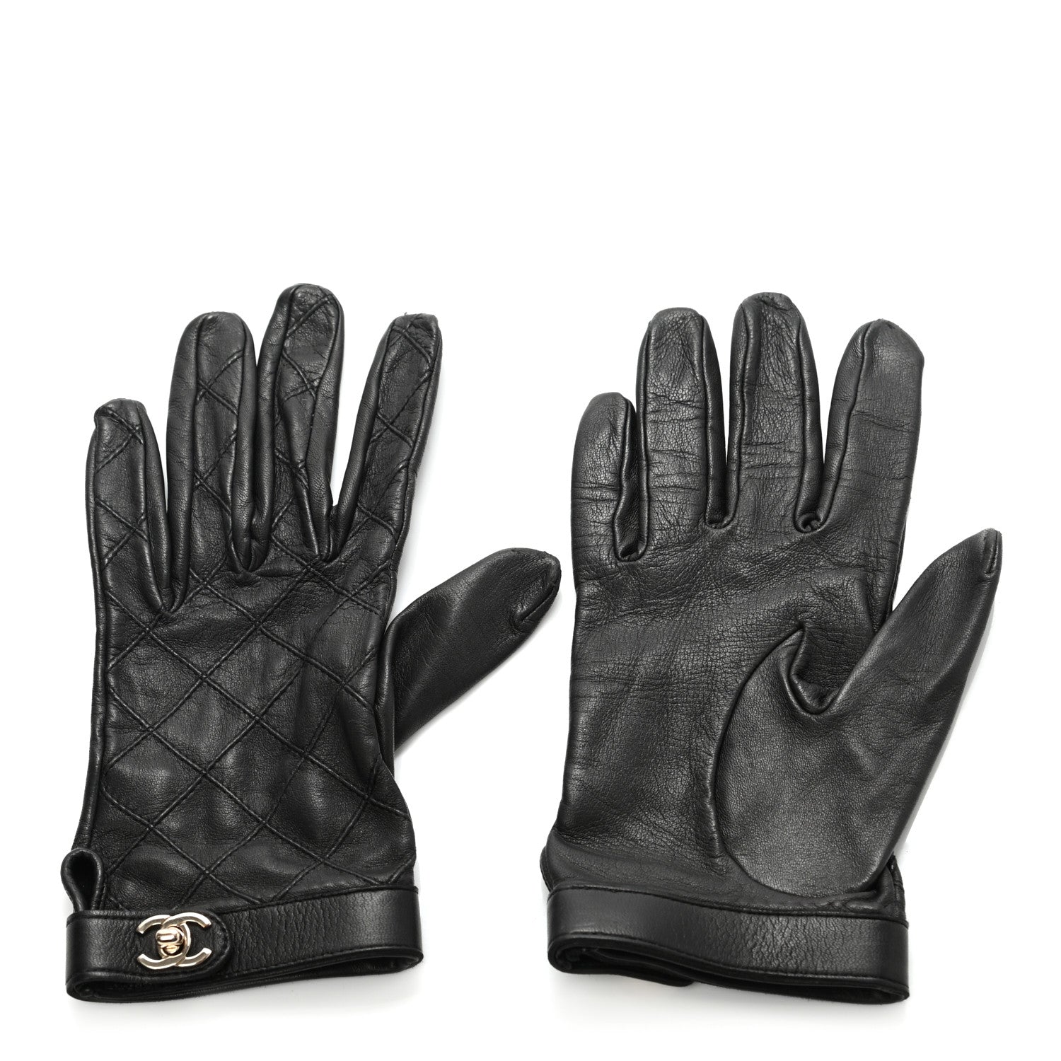 Chanel Lambskin Quilted Turnlock Gloves 7 Black 1 of 3