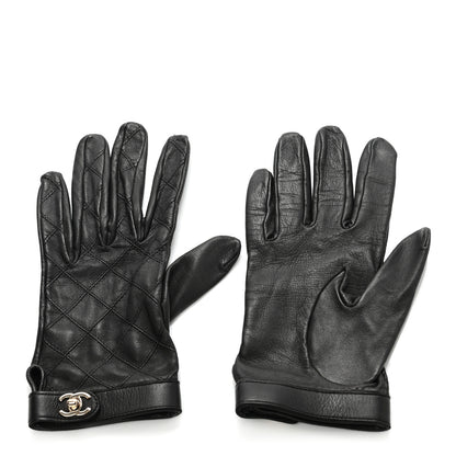 Chanel Lambskin Quilted Turnlock Gloves 7 Black 1 of 3