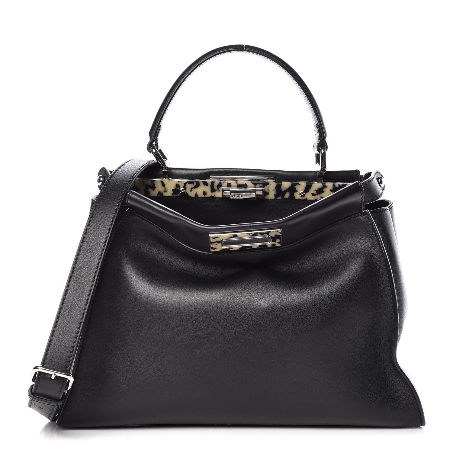 Fendi Vitello Dolce Shiny Nappa Plexglass Granite Medium Peekaboo Iconic Satchel Black 3 of 14