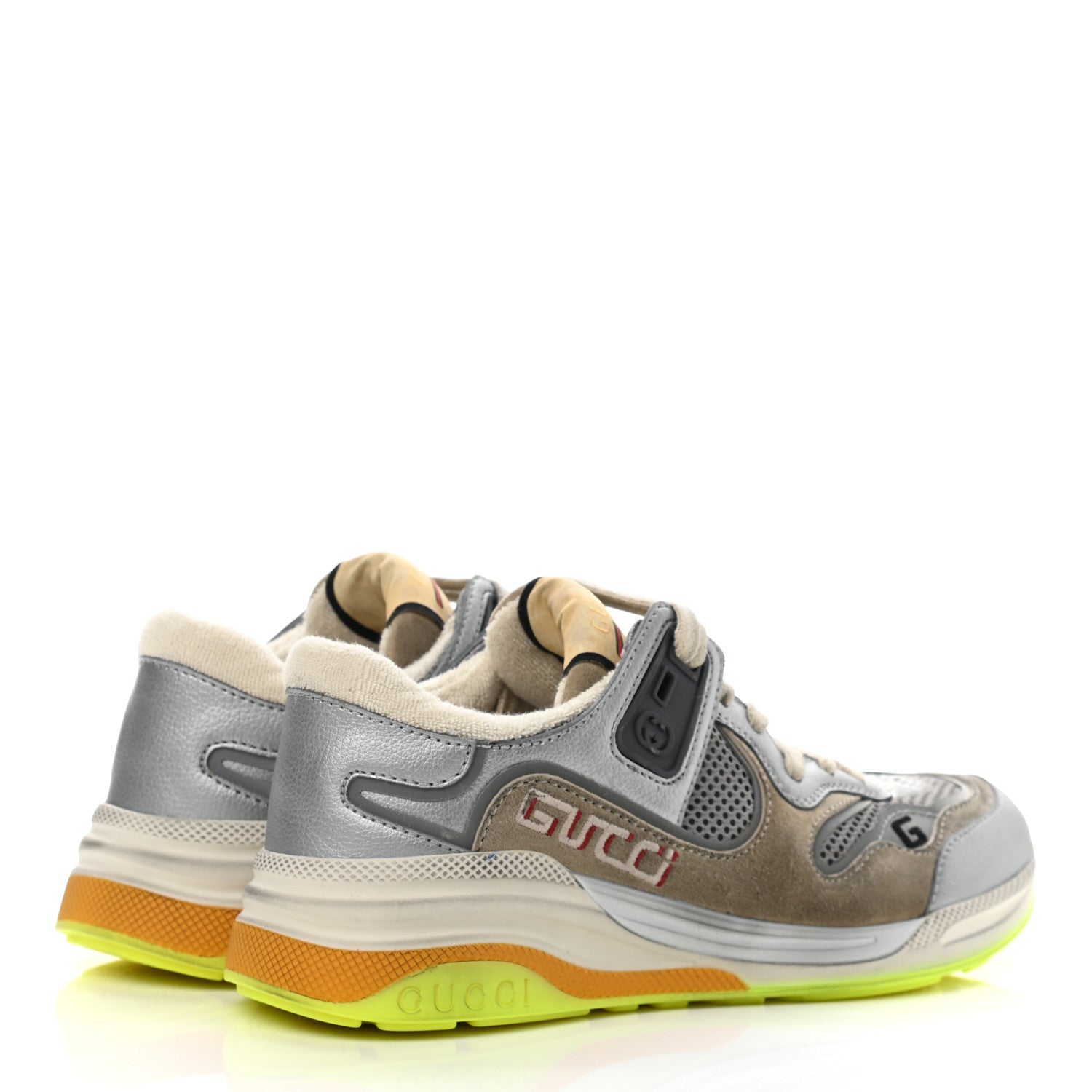 Gucci Metallic Calfskin Suede Womens Ultrapace Sneakers 35 Silver Oatmeal 4 of 9