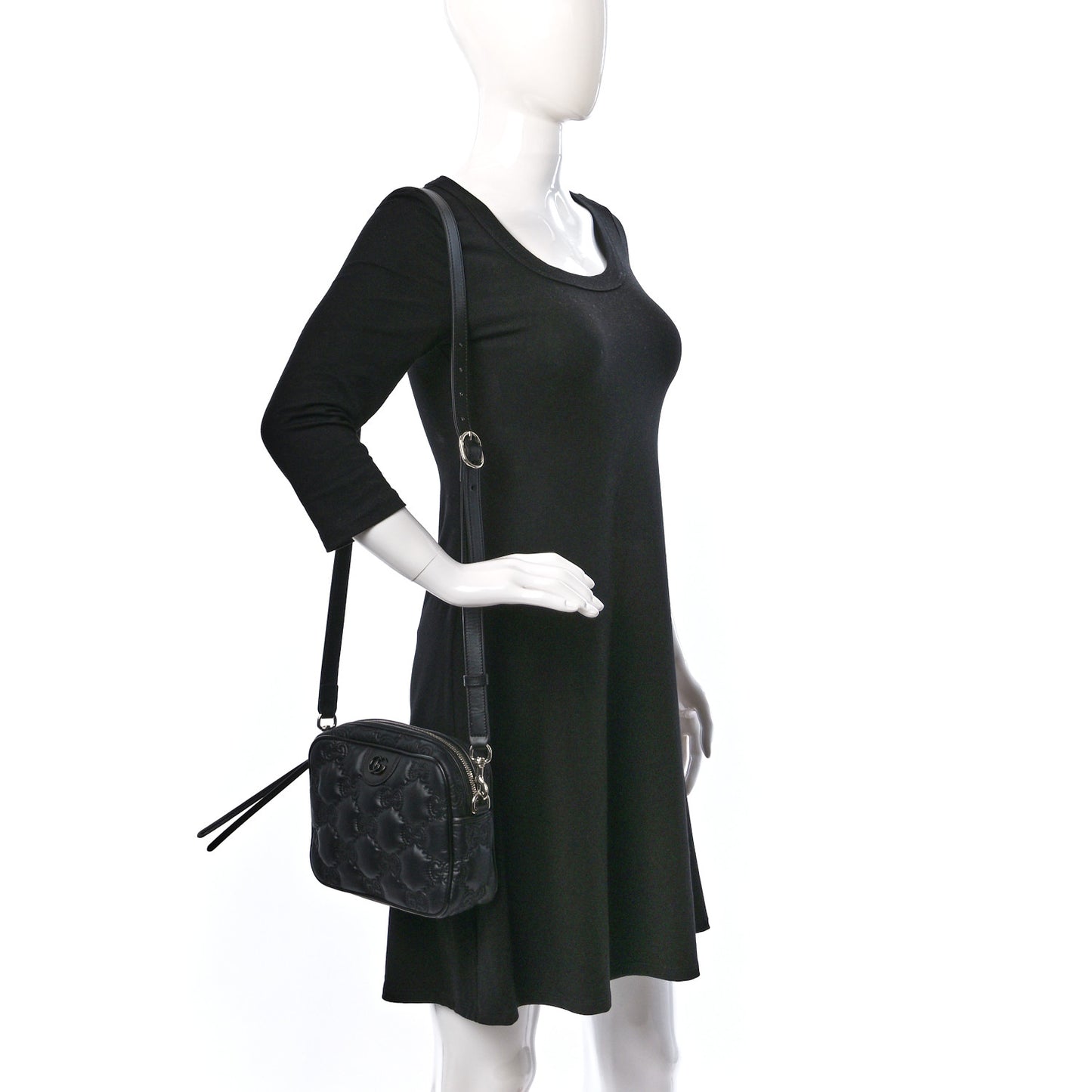Nylon Calfskin Enamel GG Matelasse Shoulder Bag Black