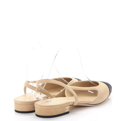 Chanel Kid Suede Satin Cap Toe CC Slingback Pumps 37.5 Beige Black 4 of 10