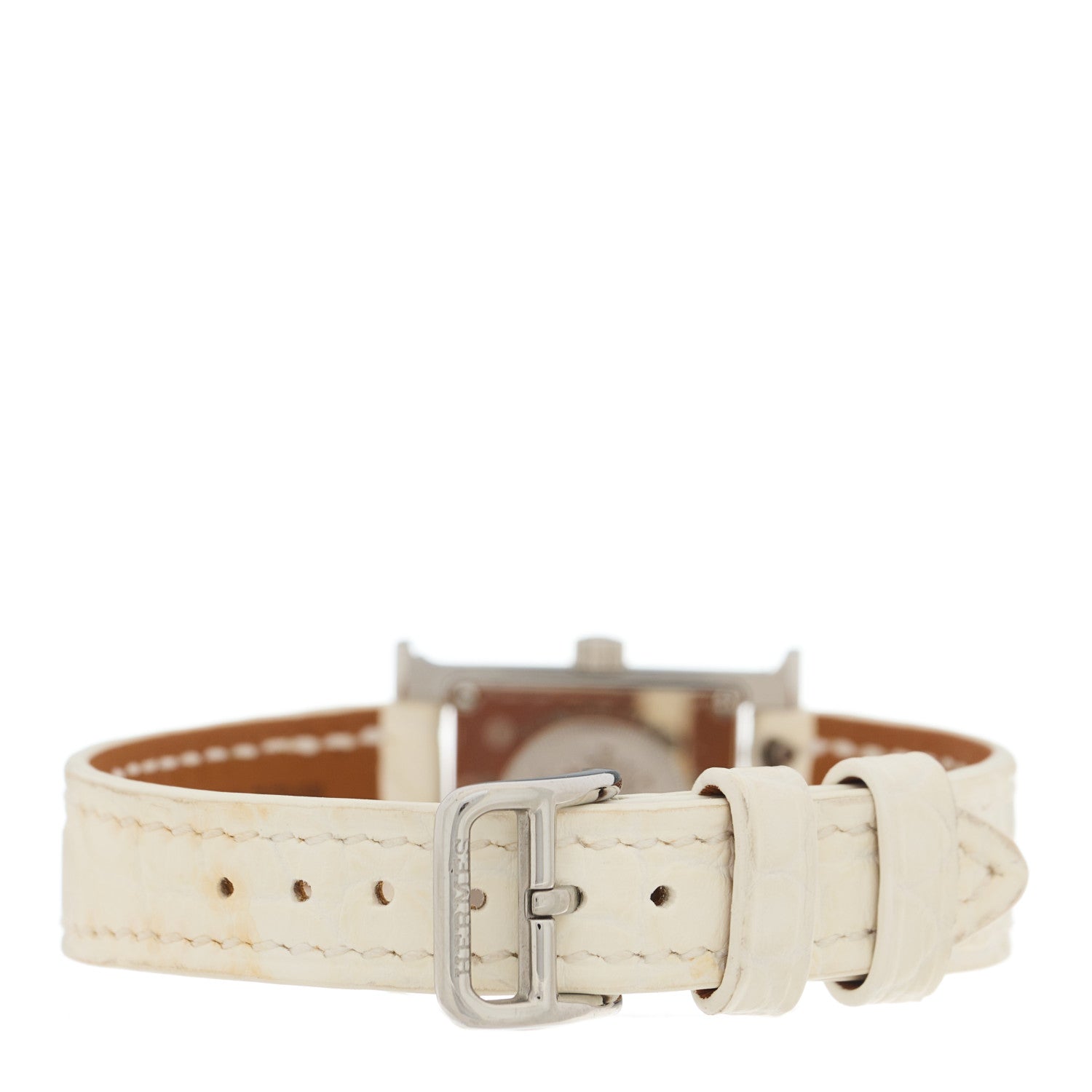 Hermes Stainless Steel Alligator Diamond Pave Bezel Mother of Pearl 17.2mm Heure H Hour Quartz Watch Blanc 3 of 5