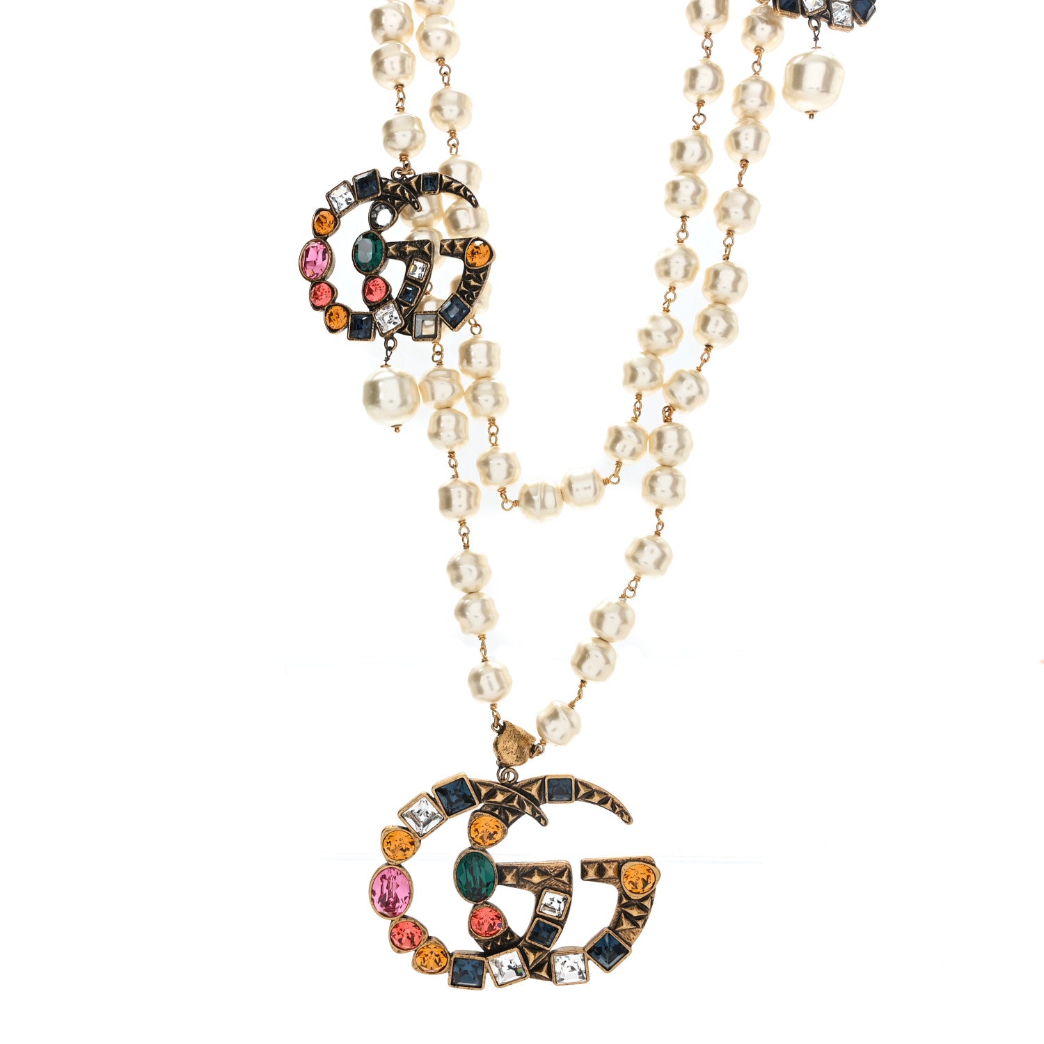 Gucci Crystal Pearl Double G Necklace Aged Gold Multicolor 1 of 5
