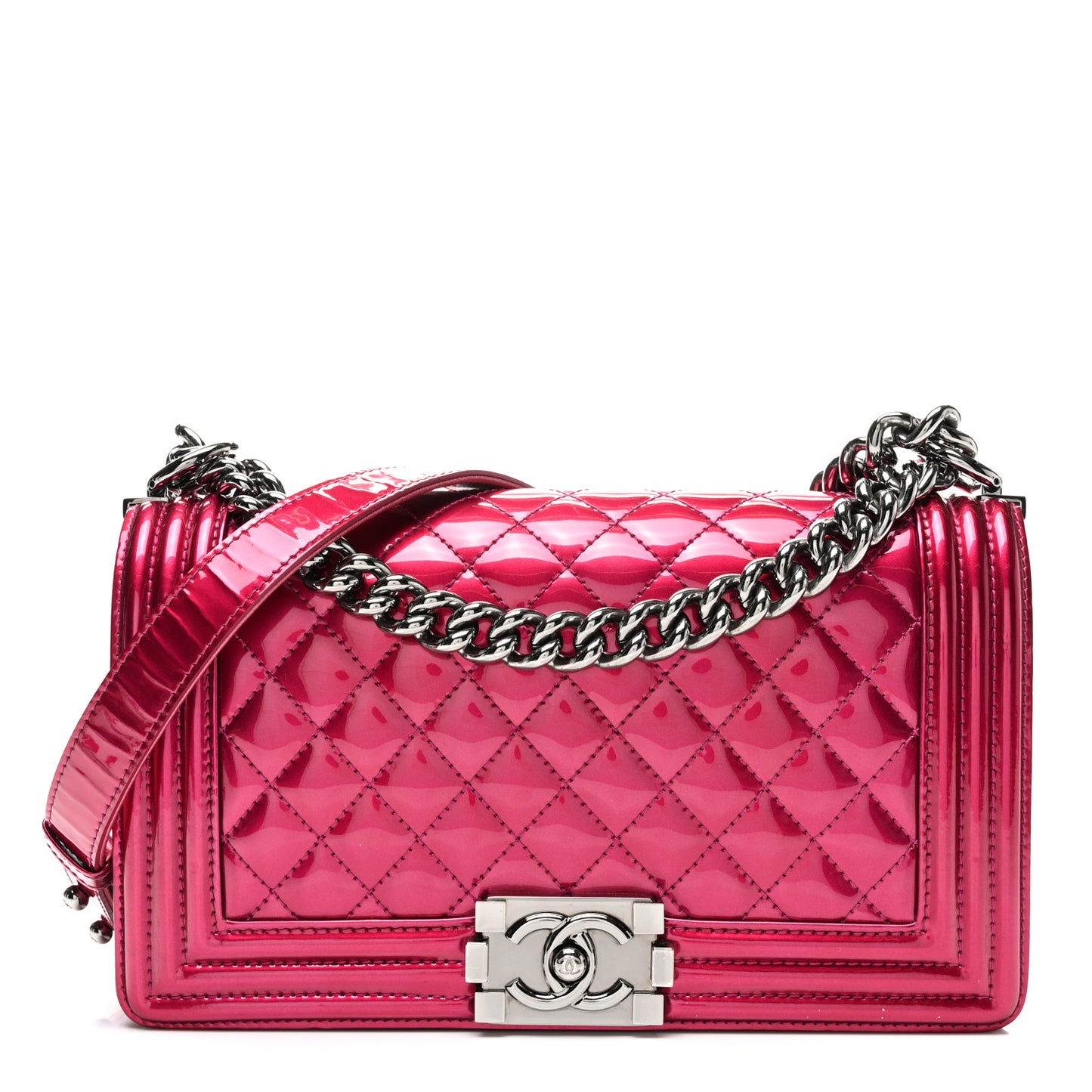 Metallic Patent Calfskin Quilted Medium Boy Flap Pink