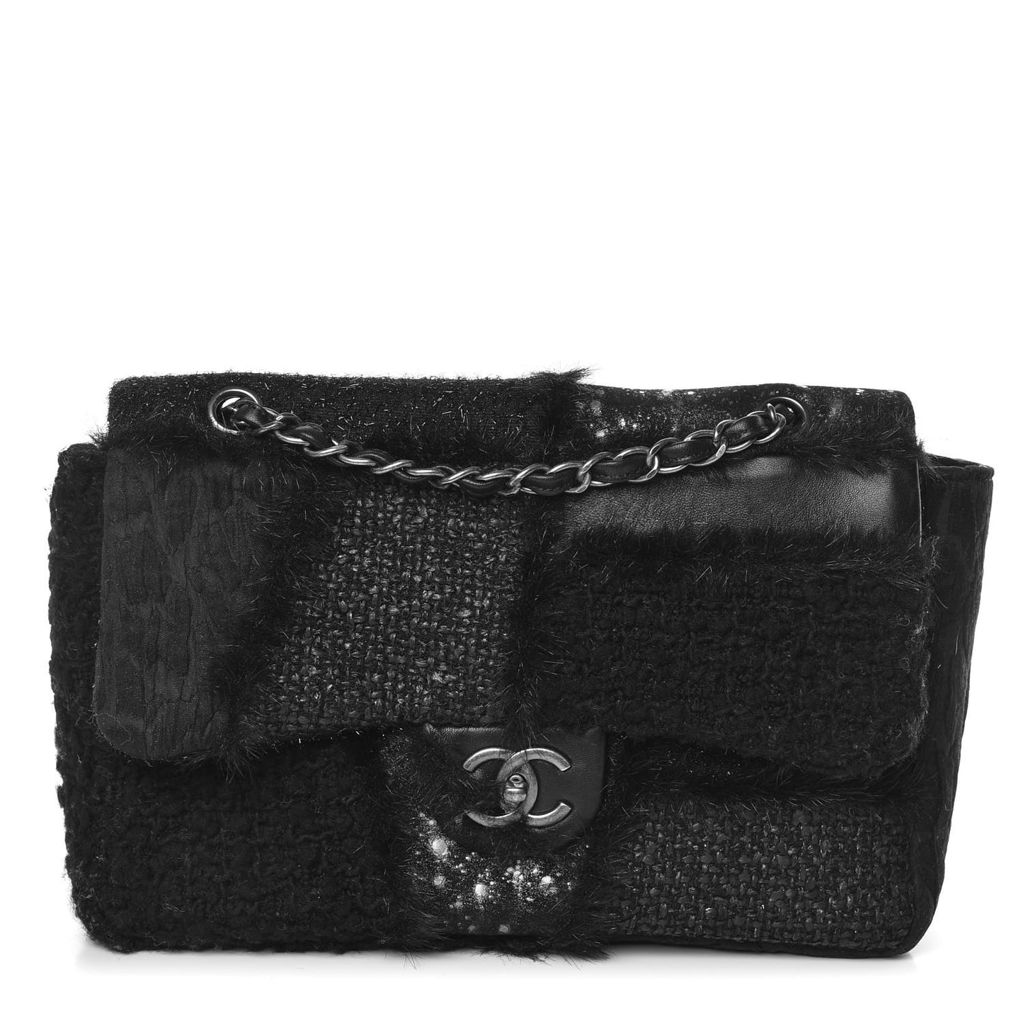 Tweed Faux Fur Patchwork Jumbo Single Flap Black