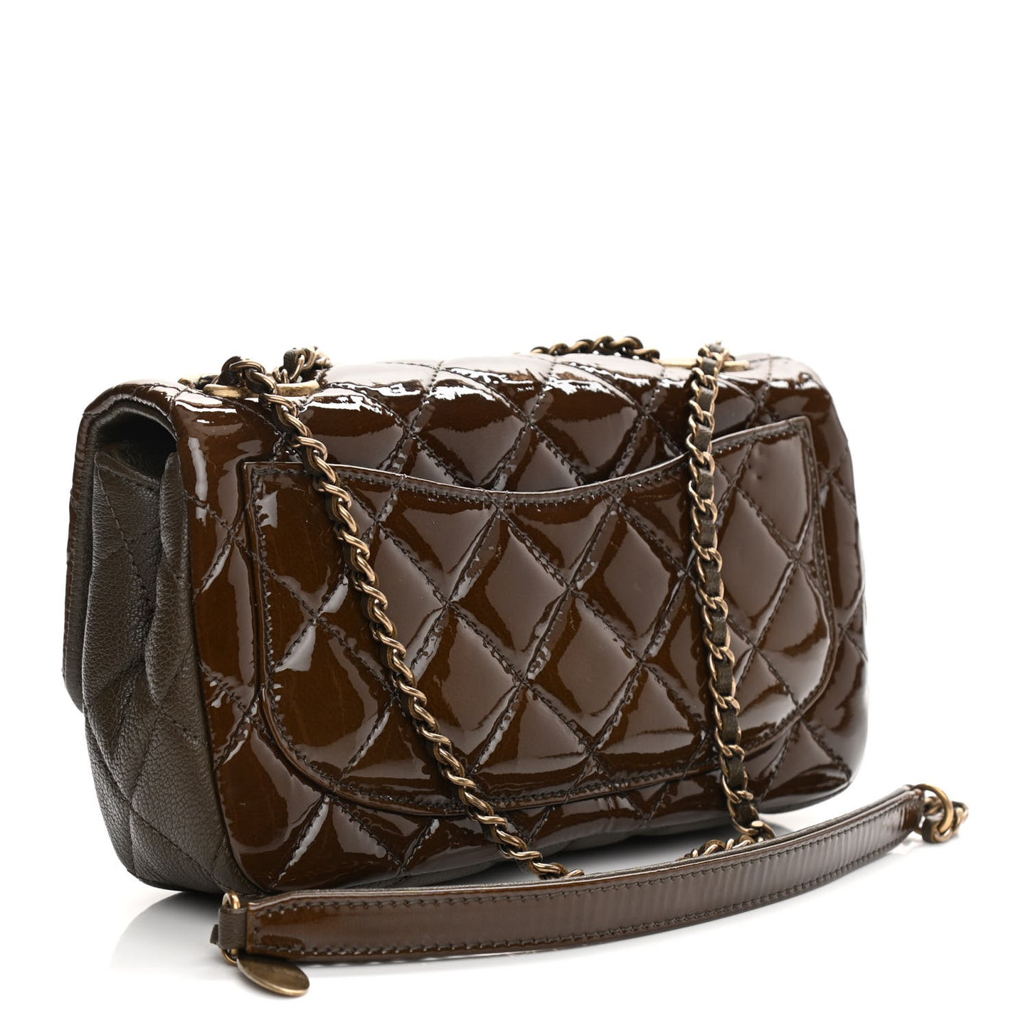 Patent Goatskin Quilted Small CC Eyelet Flap Khaki