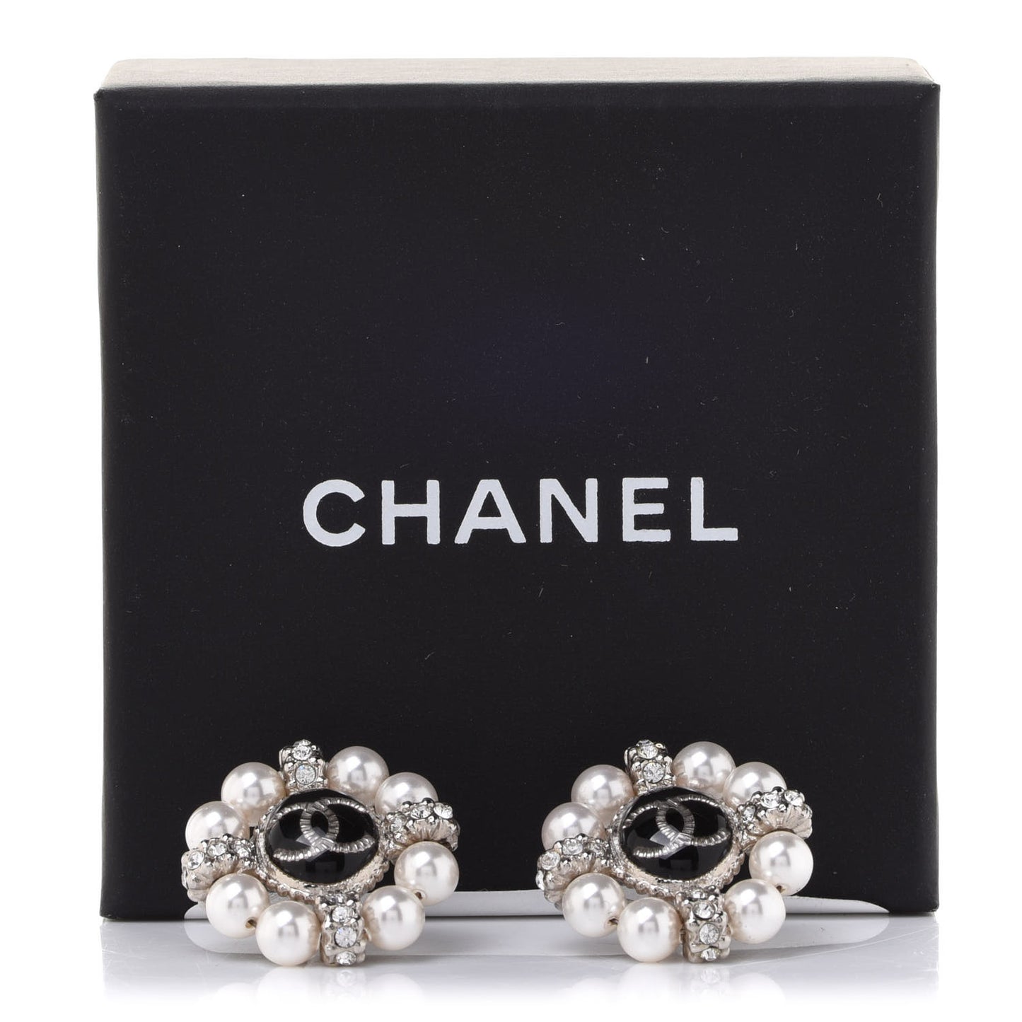 Crystal Pearl Bead CC Round Earrings Silver Black