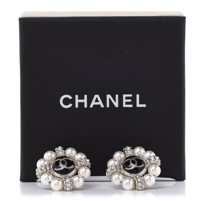 Chanel Crystal Pearl Bead CC Round Earrings Silver Black 5 of 5