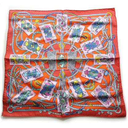Hermes Silk Twill Dame de Coeur Pocket Square Scarf w Cartes A Nouer Knotting Cards 1 of 6
