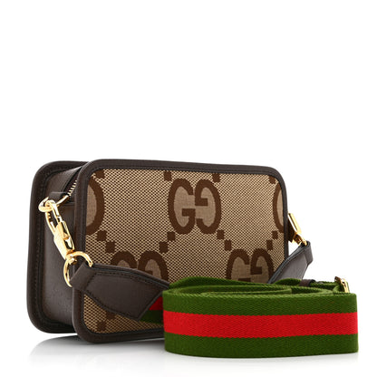 Gucci Monogram Jumbo GG Textured Dollar Calfskin Web Mini Crossbody Bag Camel Ebony New Acero 3 of 10