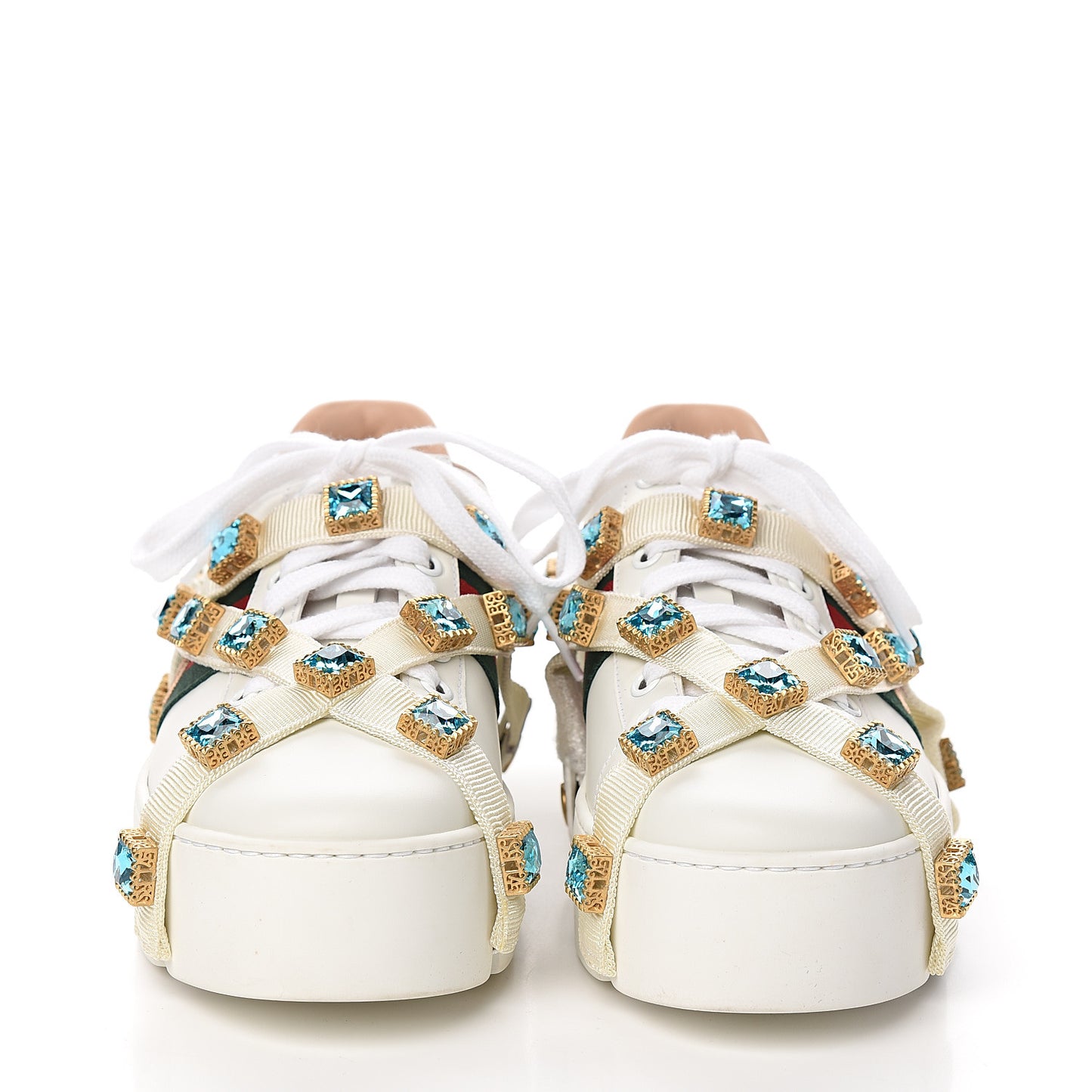 Calfskin Removable Crystals Bee Embroidered Ace Platform Sneakers 37 White