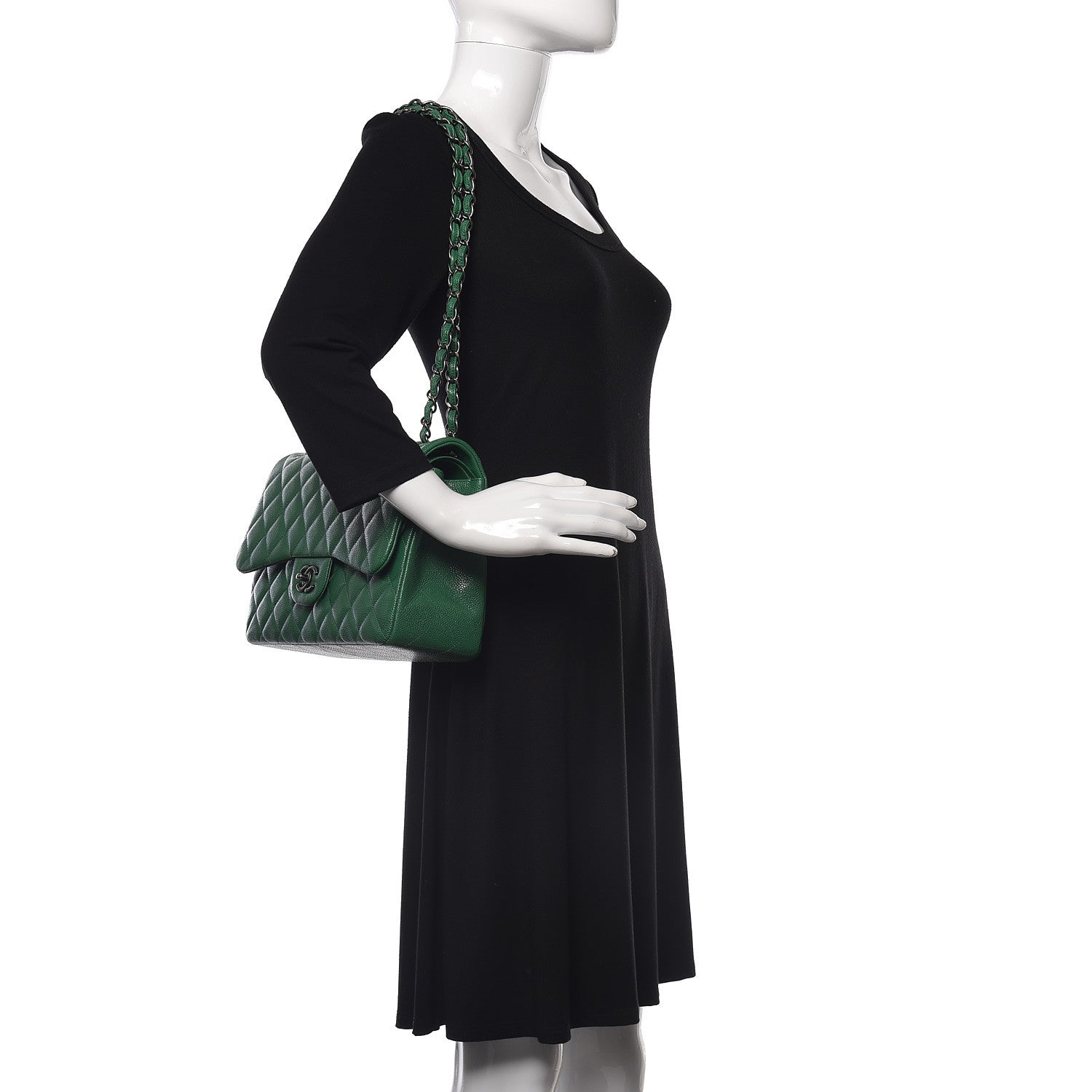 Chanel Caviar Quilted Jumbo Double Flap Green 2 of 16
