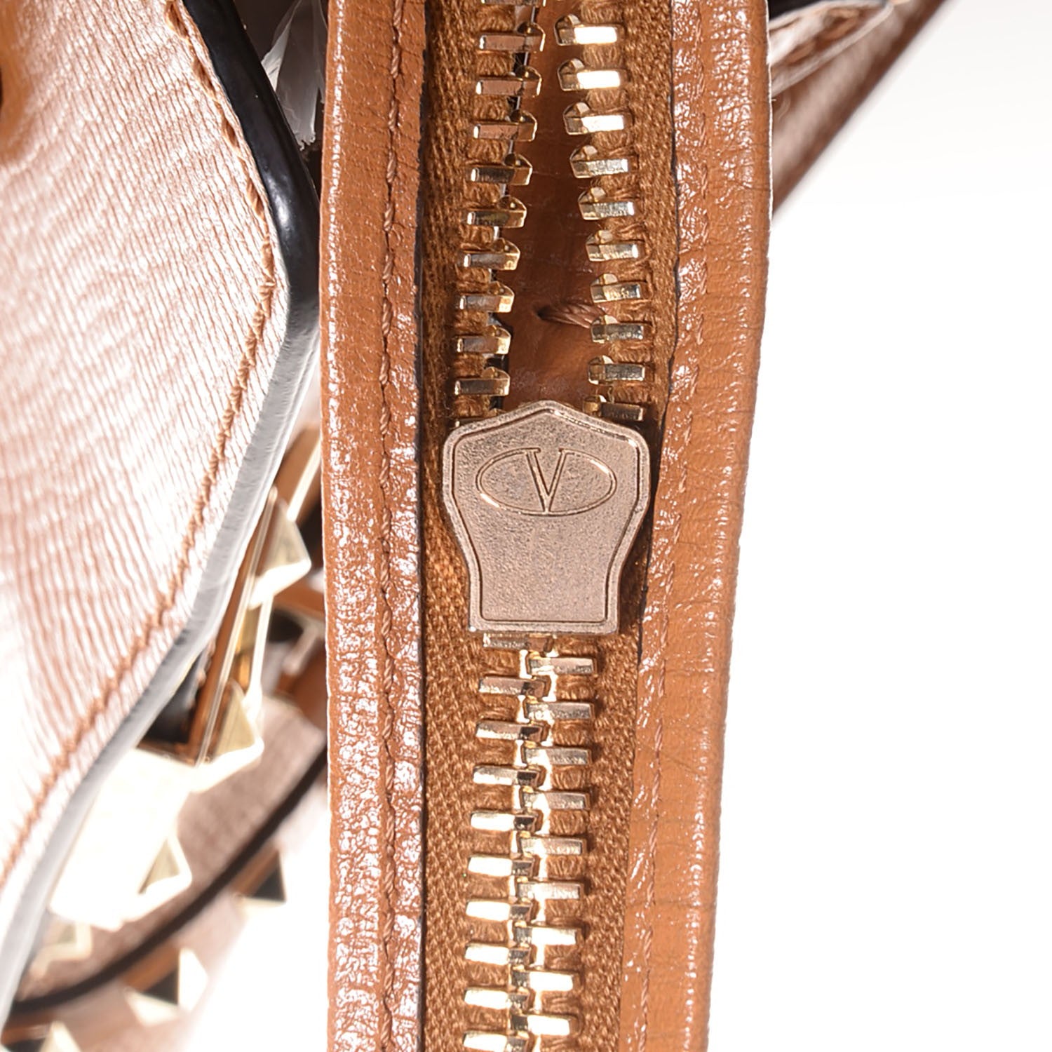 Valentino Garavani Textured Calfskin Rockstud Double Handle Tote Tan 8 of 10