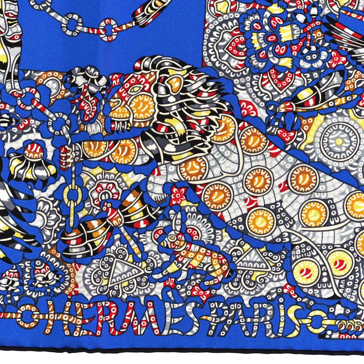 Hermes Silk La Legende de La Foret Scarf 90 Bleu Royal Jaune Rouge 2 of 5