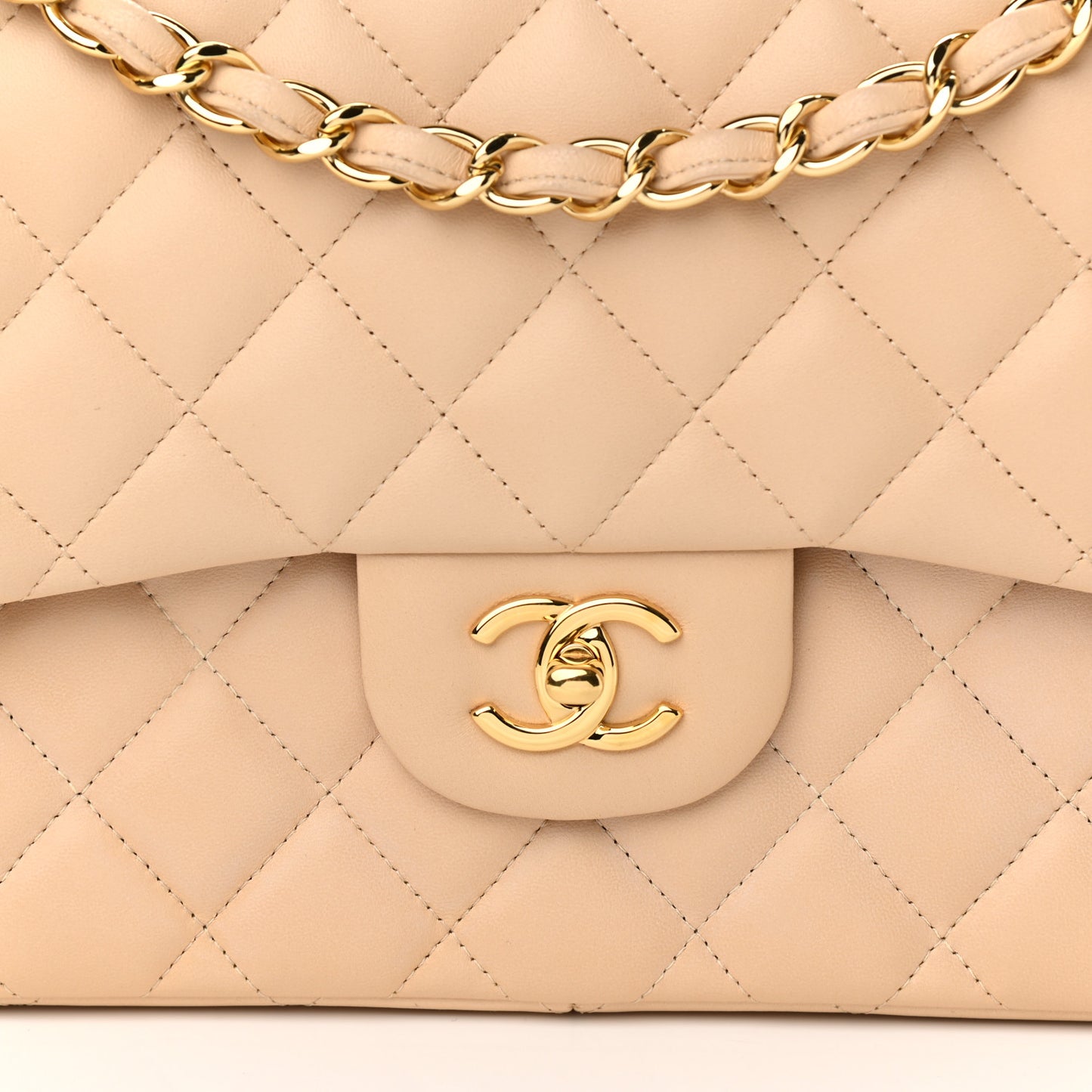 Lambskin Quilted Jumbo Double Flap Beige