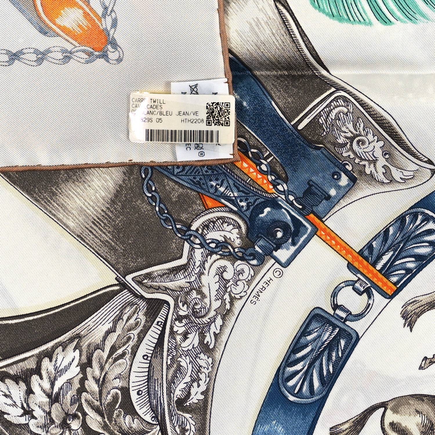Hermes Silk Cavalcades Scarf 90 White Bleu Jean Vert 3 of 3