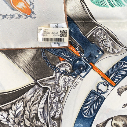 Hermes Silk Cavalcades Scarf 90 White Bleu Jean Vert 3 of 3