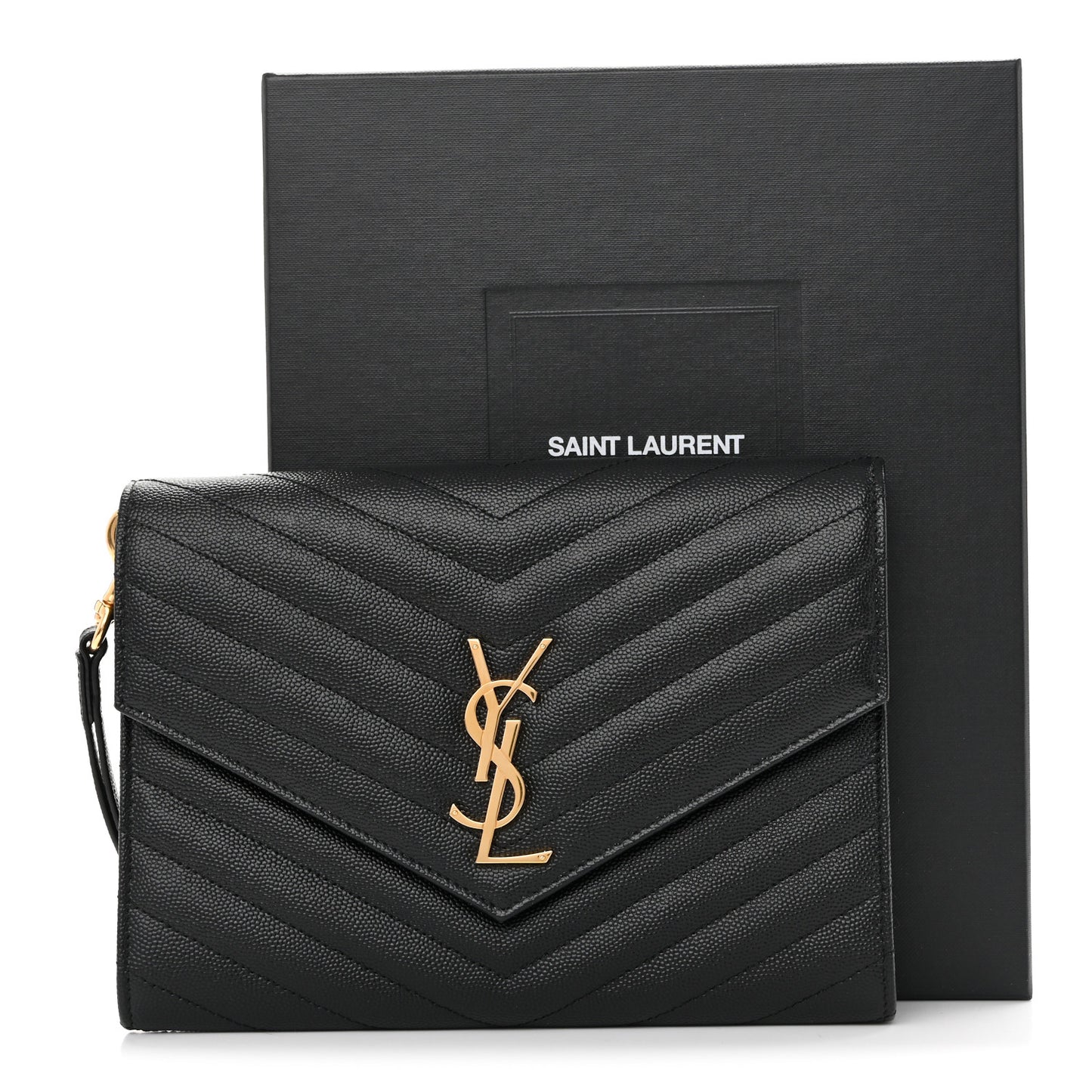 Grain De Poudre Matelasse Chevron Monogram Envelope Clutch Black
