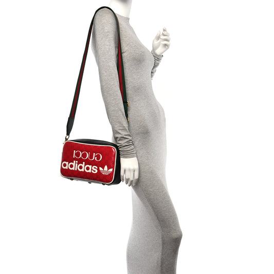 X ADIDAS Crystal Vintage Monogram Textured Dollar Calfskin Web Trefoil Logo Small Messenger Bag Hibiscus Red Off White Black