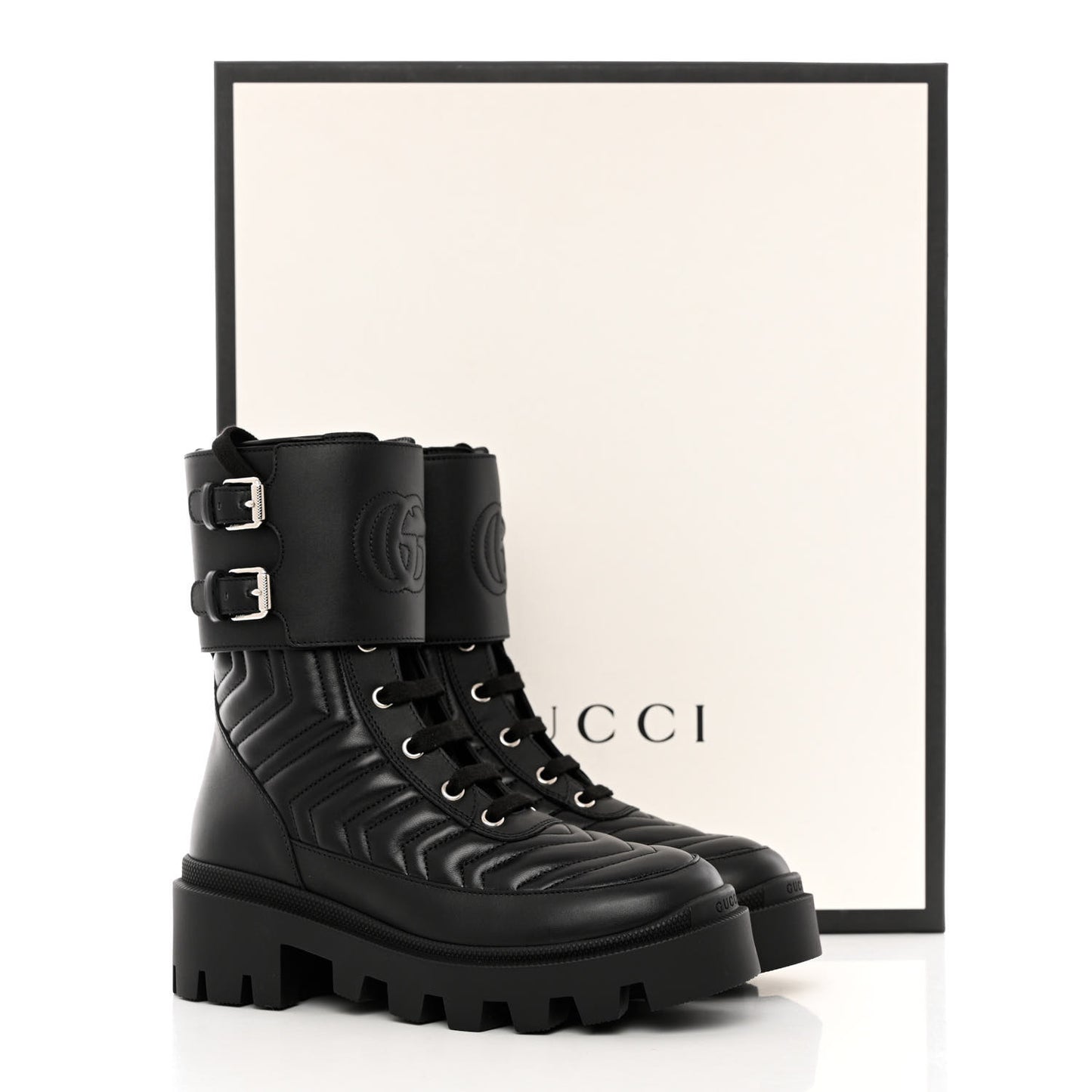 Nappa Frances GG Matelasse Platform Combat Boots 35.5 Black