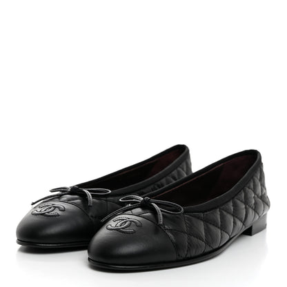 Chanel Aged Calfskin Quilted CC Cap Toe Ballerina Flats 37.5 Black 3 of 9