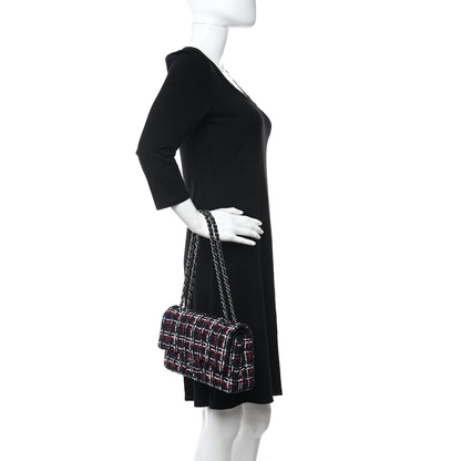 Chanel Tweed Quilted Medium Double Flap Navy White Red 2 of 16