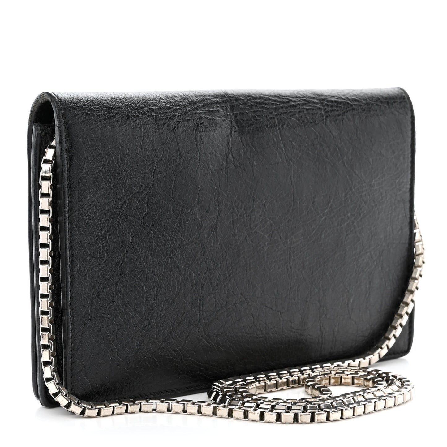 Grained Calfskin Classic Silver Hardware Wallet on Chain Black