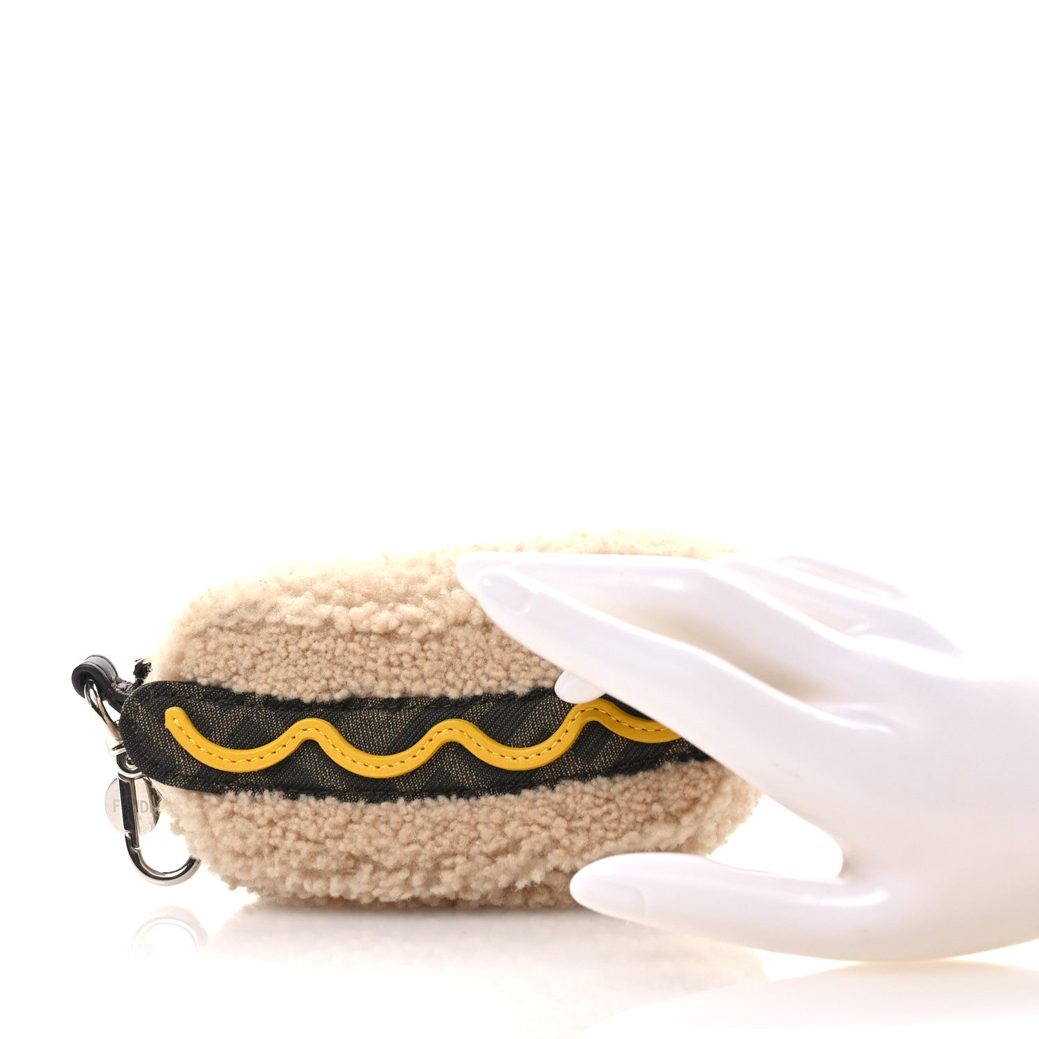 Fendi Shearling FF Jacquard Fendilicious Hot Dog Bag Charm Beige 2 of 7