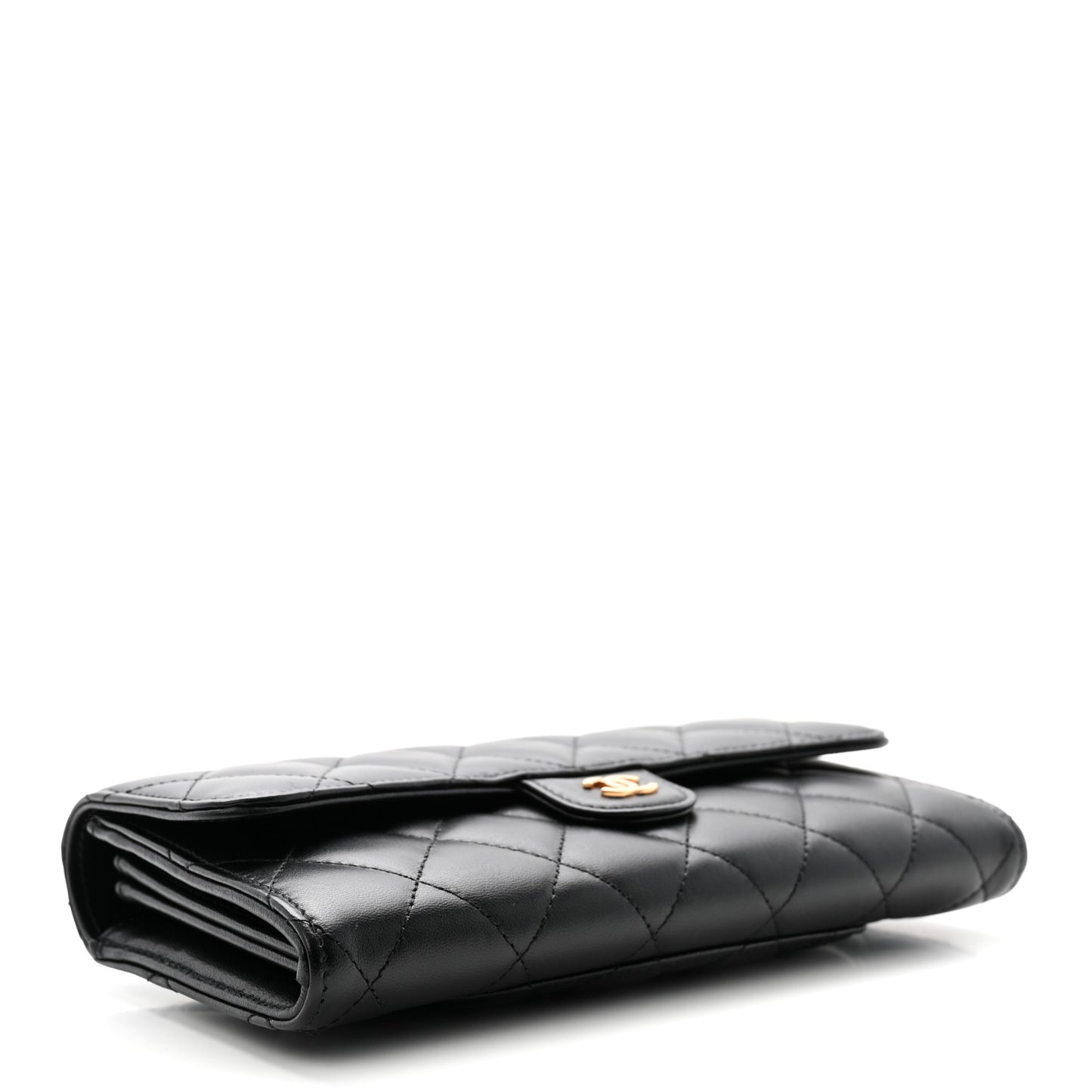 Lambskin Quilted Large Gusset Flap Wallet Black